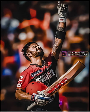 Virat Kohli Celebrating Victory in RCB Jersey with Cricket Bat HD phone wallpaper
