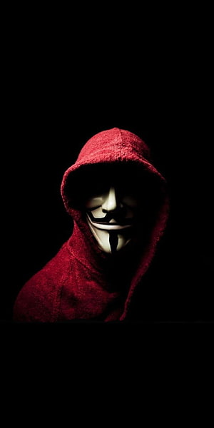 Anonymous Hacker in Red Hoodie with Guy Fawkes Mask on Dark Background HD phone wallpaper
