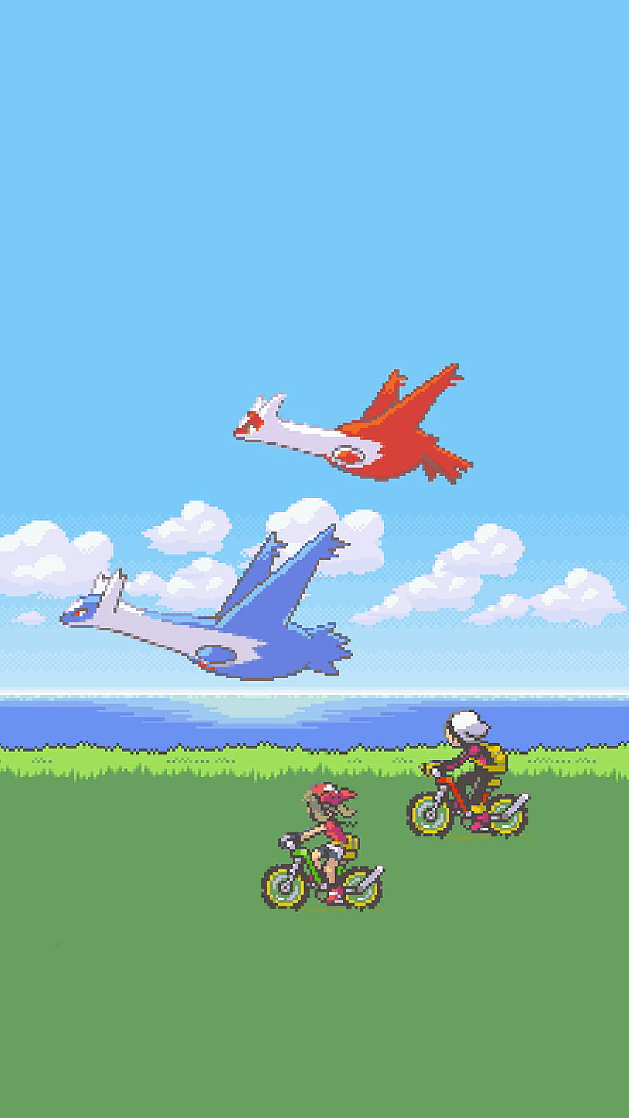 Pixel Art Kids Riding Bikes Under Flying Latias and Latios HD phone wallpaper