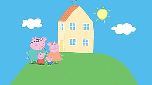 Peppa Pig Family Standing In Front Of Their House On A Green Hill HD wallpaper