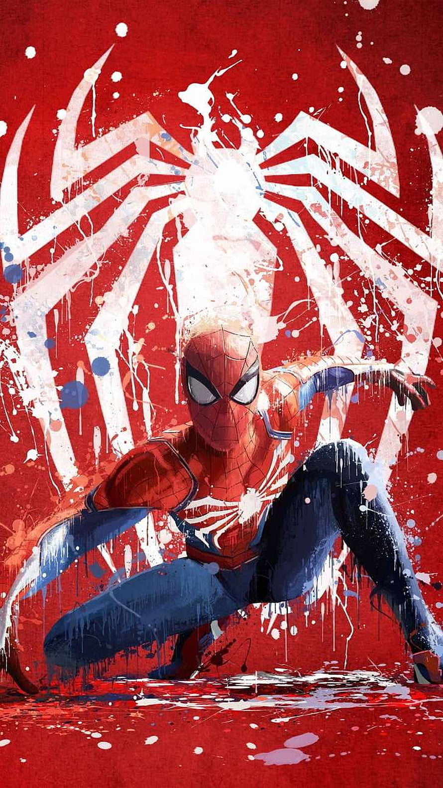 Spider-Man Crouching Pose With Paint Splatter Art Style Wallpaper, Spiderman Portrait, vertical spider man HD phone wallpaper