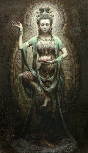 Kuan Yin Bodhisattva Oil Painting with Lotus and Ornate Jewelry HD phone wallpaper