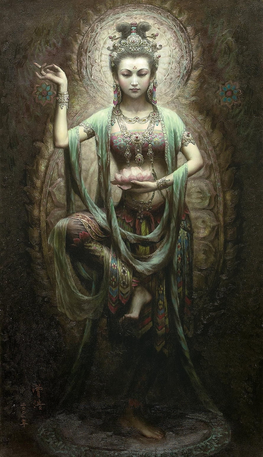 Kuan Yin Bodhisattva Oil Painting with Lotus and Ornate Jewelry HD phone wallpaper