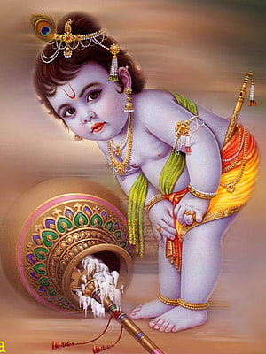 Baby Krishna stealing butter from a pot with peacock feather crown HD phone wallpaper