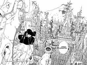 Naruto Manga Panel: Black Cloaked Figure Overlooking Dystopian Cityscape HD wallpaper