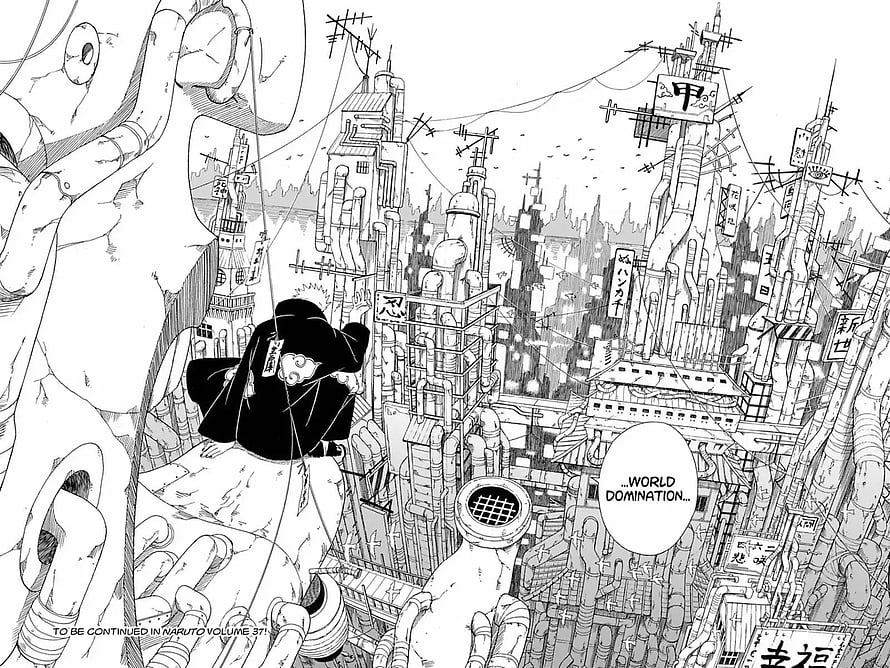 Naruto Manga Panel: Black Cloaked Figure Overlooking Dystopian Cityscape HD wallpaper