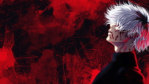 Ken Kaneki from Tokyo Ghoul in a dramatic red and black anime profile portrait HD wallpaper