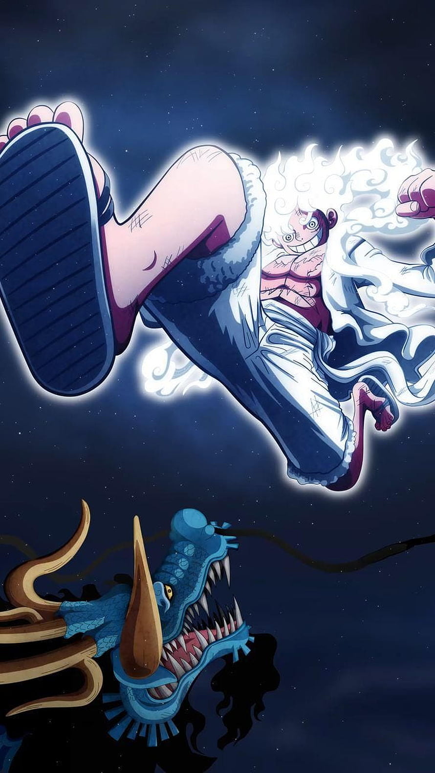 Monkey D. Luffy Gear 5 Sun God Nika Form Kicking Dragon Anime Wallpaper HD phone wallpaper