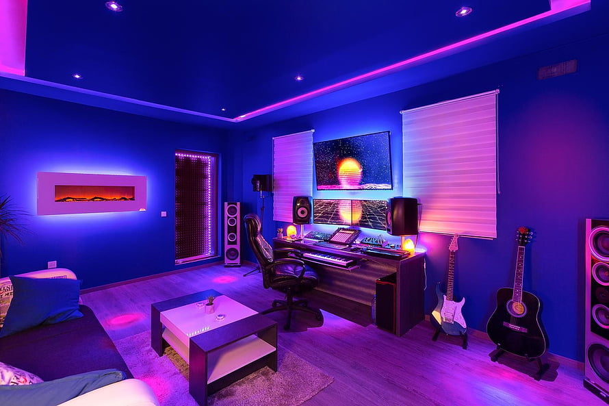 Modern Home Music Studio with Neon LED Lighting and Guitars HD wallpaper