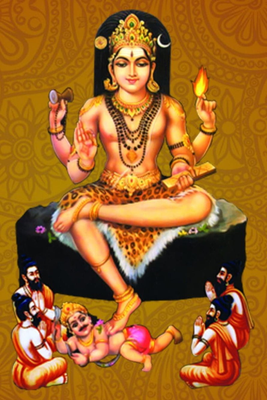 Dakshinamurthy Swamy deity illustration with disciples and traditional Indian iconography HD phone wallpaper