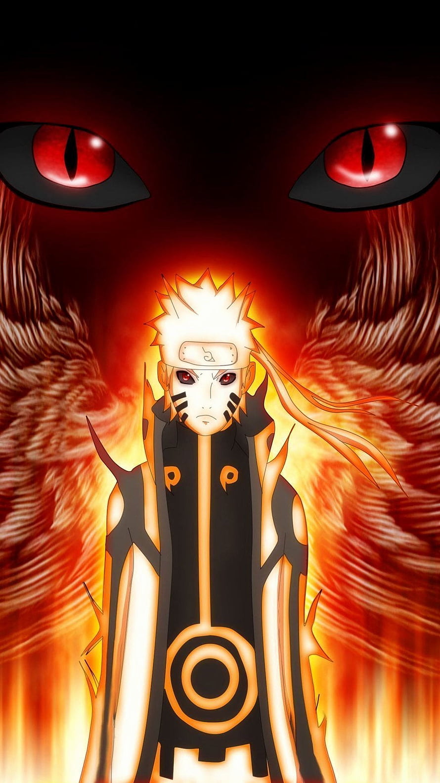 Naruto Sage Mode with Nine-Tails Chakra Aura and Red Eyes HD phone wallpaper