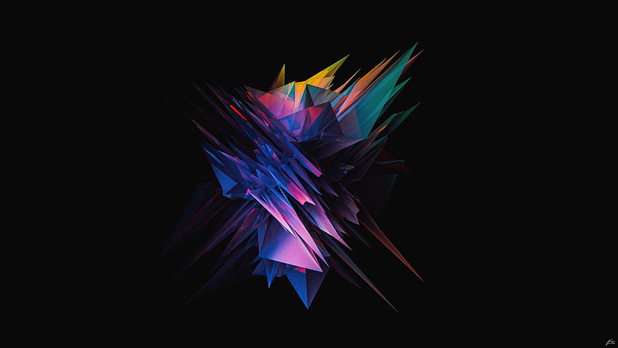 Vibrant Geometric Crystal Burst with Neon Glass Facets on Black Background HD wallpaper