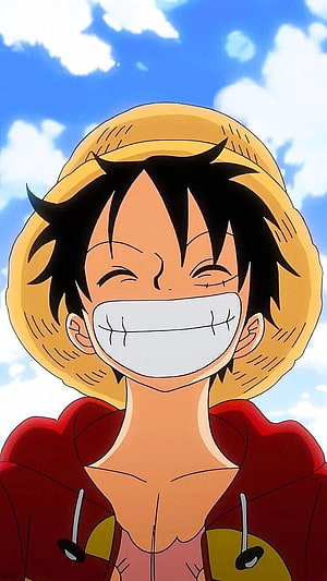 Luffy From One Piece Wearing Straw Hat And Red Hoodie With Wide Smile Under Blue Sky HD phone wallpaper