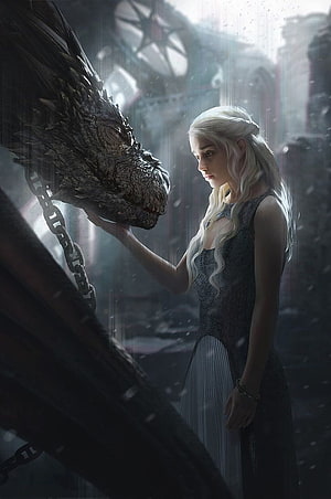 Daenerys Targaryen Touching a Chained Dragon in a Dark Cathedral HD phone wallpaper