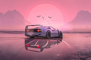 Retrofuturistic sports car on a reflective wet road at sunset with pink sky and mountains HD wallpaper