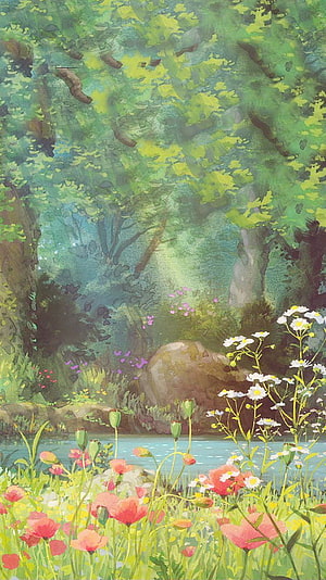 Serene Forest Stream with Wildflowers and Sunlight HD phone wallpaper
