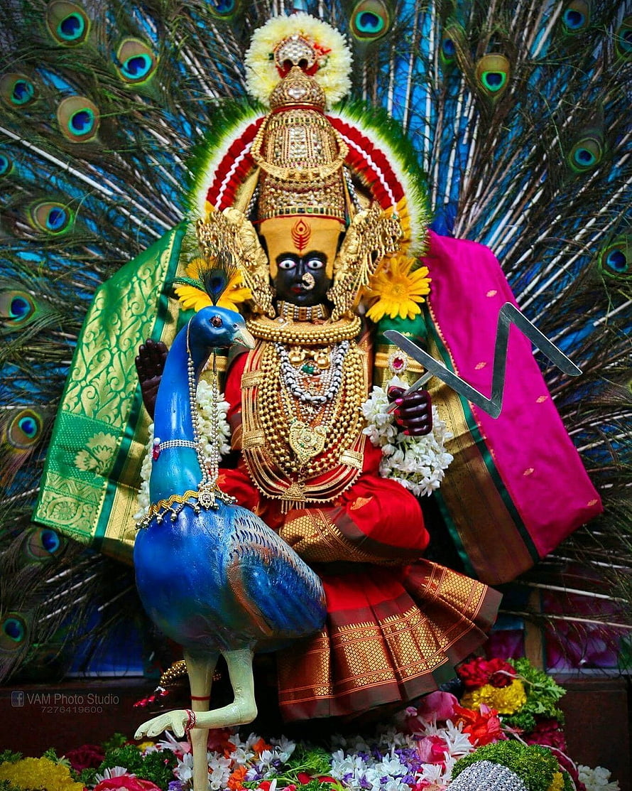 Lord Murugan Statue with Peacock and Peacock Feathers Background HD phone wallpaper