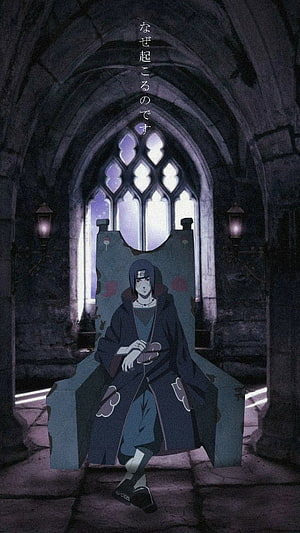 Itachi Uchiha Sitting on Throne in Dark Cathedral Anime Wallpaper HD phone wallpaper