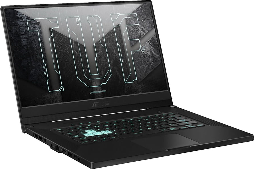 ASUS TUF Gaming Laptop with Teal Backlit Keyboard and Futuristic Screen Display HD wallpaper