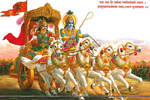 Lord Krishna and Arjuna on the Divine Chariot in the Mahabharata Battle HD wallpaper