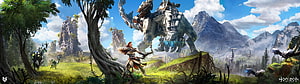 Horizon Zero Dawn Aloy facing massive mechanical beast in lush forest landscape with mountains HD wallpaper