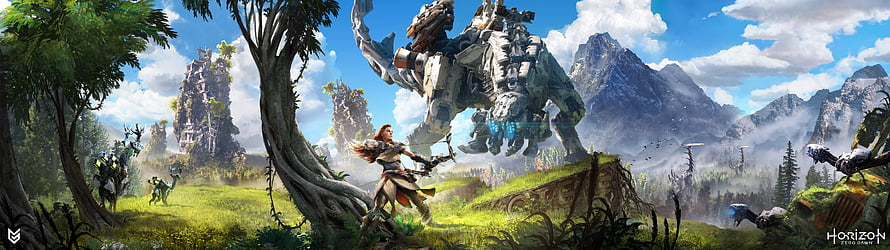 Horizon Zero Dawn Aloy facing massive mechanical beast in lush forest landscape with mountains HD wallpaper