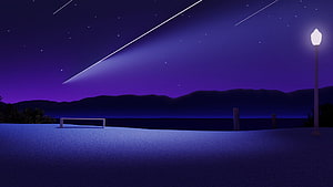 Starry Night Sky with Shooting Stars Over a Quiet Beach and Street Lamp HD wallpaper