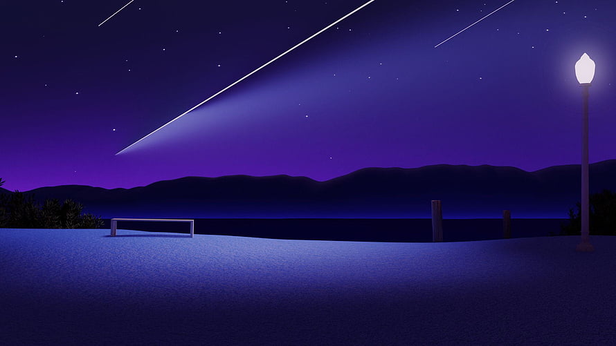 Starry Night Sky with Shooting Stars Over a Quiet Beach and Street Lamp HD wallpaper