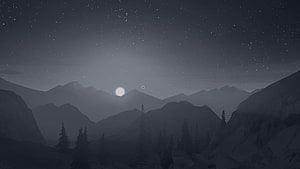 Moody Nighttime Mountain Landscape with Moon and Starry Sky HD wallpaper