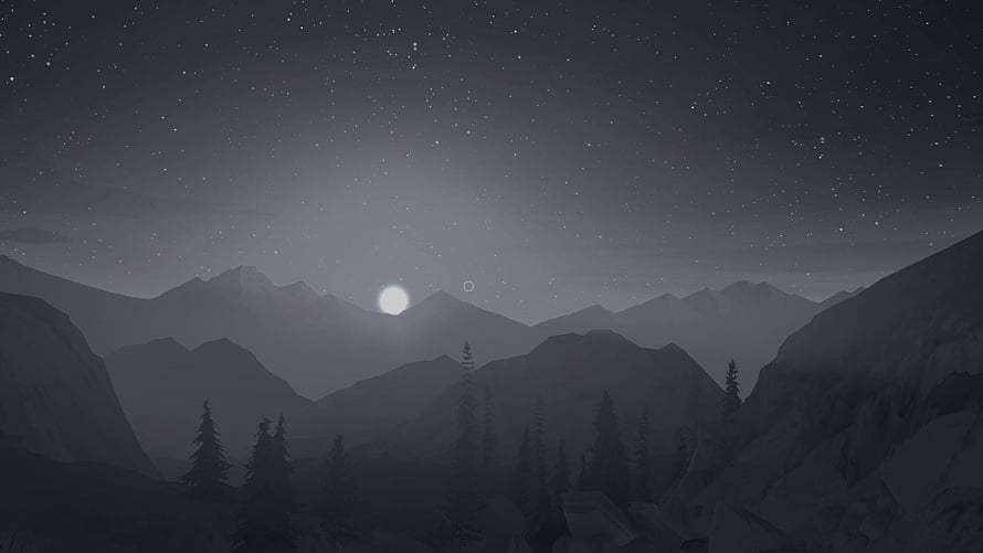 Moody Nighttime Mountain Landscape with Moon and Starry Sky HD wallpaper