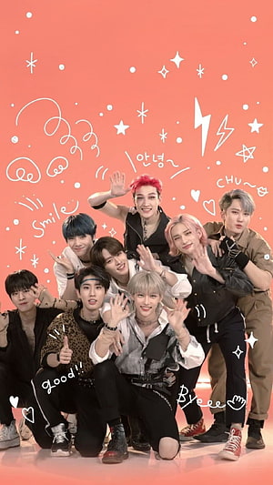 Stray Kids Group Photo With Colorful Hair And Doodle Background HD phone wallpaper