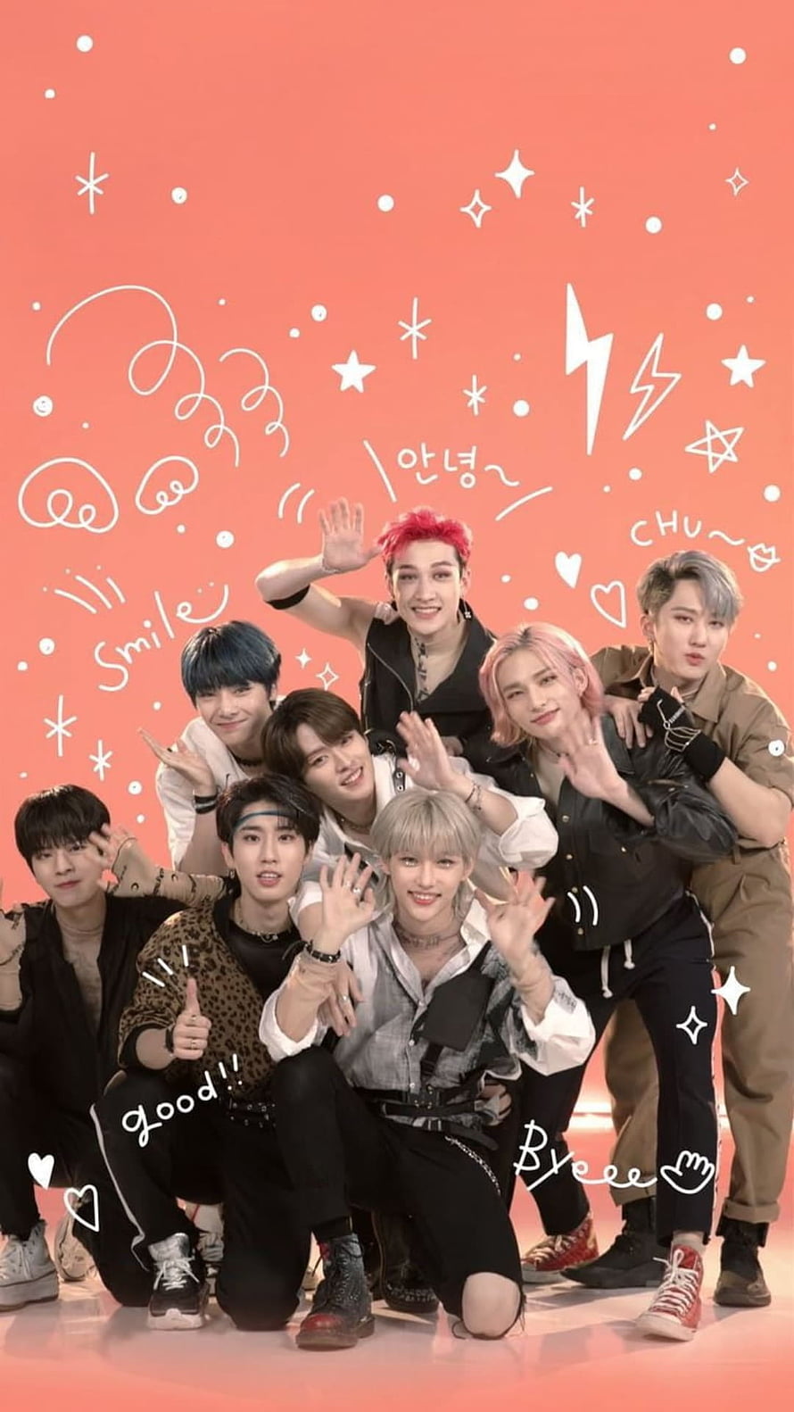 Stray Kids Group Photo With Colorful Hair And Doodle Background HD phone wallpaper