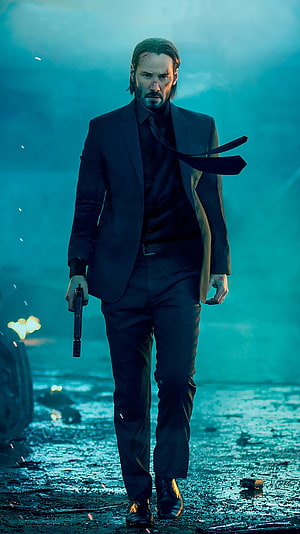 John Wick Walking in Black Suit with Gun in Blue Cinematic Lighting HD phone wallpaper