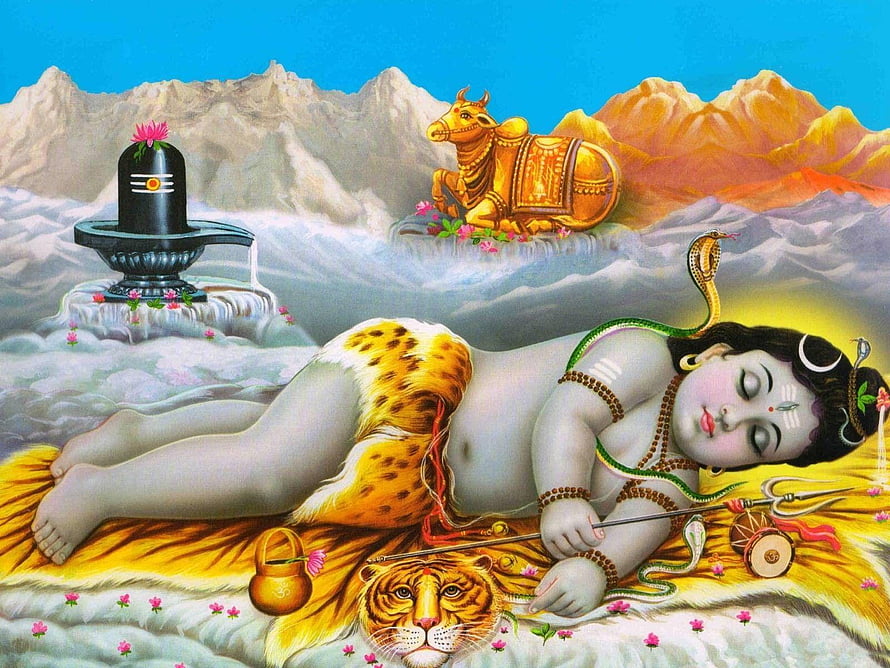 Baby Lord Shiva Reclining on Tiger Skin with Lingam and Nandi in Himalayan Landscape HD wallpaper