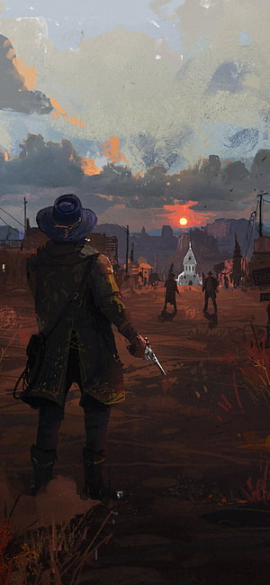 Lone Cowboy Holding Revolver In Western Town At Sunset Digital Art HD phone wallpaper