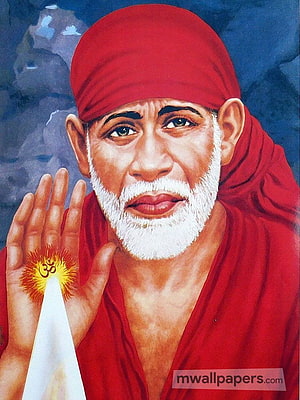 Portrait of Sai Baba of Shirdi in Red Robes Holding a Flame with Om Symbol HD phone wallpaper