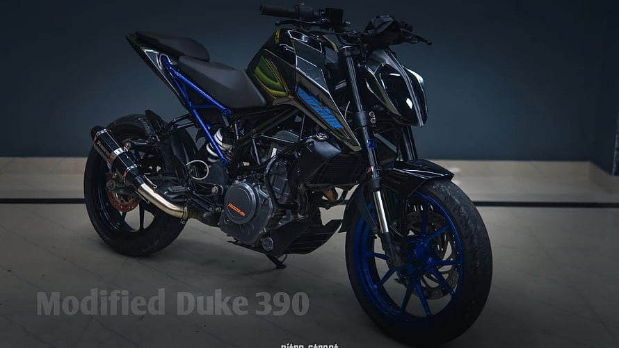 Modified KTM Duke 390 with Blue Frame and Custom Exhaust HD wallpaper