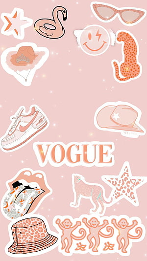 Pink Aesthetic Sticker Collage With Vogue Text, Sneakers, Leopard Print, and Fashion Accessories HD phone wallpaper