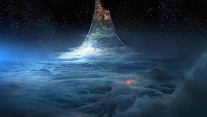 Mystical Tower Rising Above Clouds Under Starry Night Sky HD wallpaper
