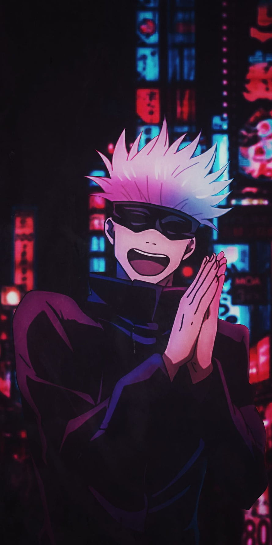 Gojo Satoru from Jujutsu Kaisen in a Neon-Lit Cyberpunk Cityscape HD phone wallpaper