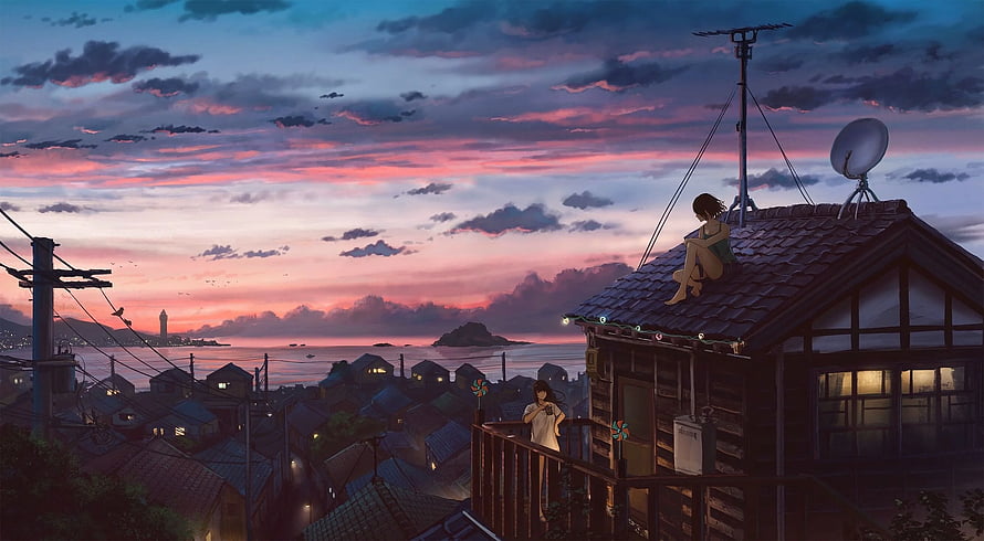 Anime Girls Sitting on Roof and Balcony Overlooking Coastal Town at Sunset HD wallpaper