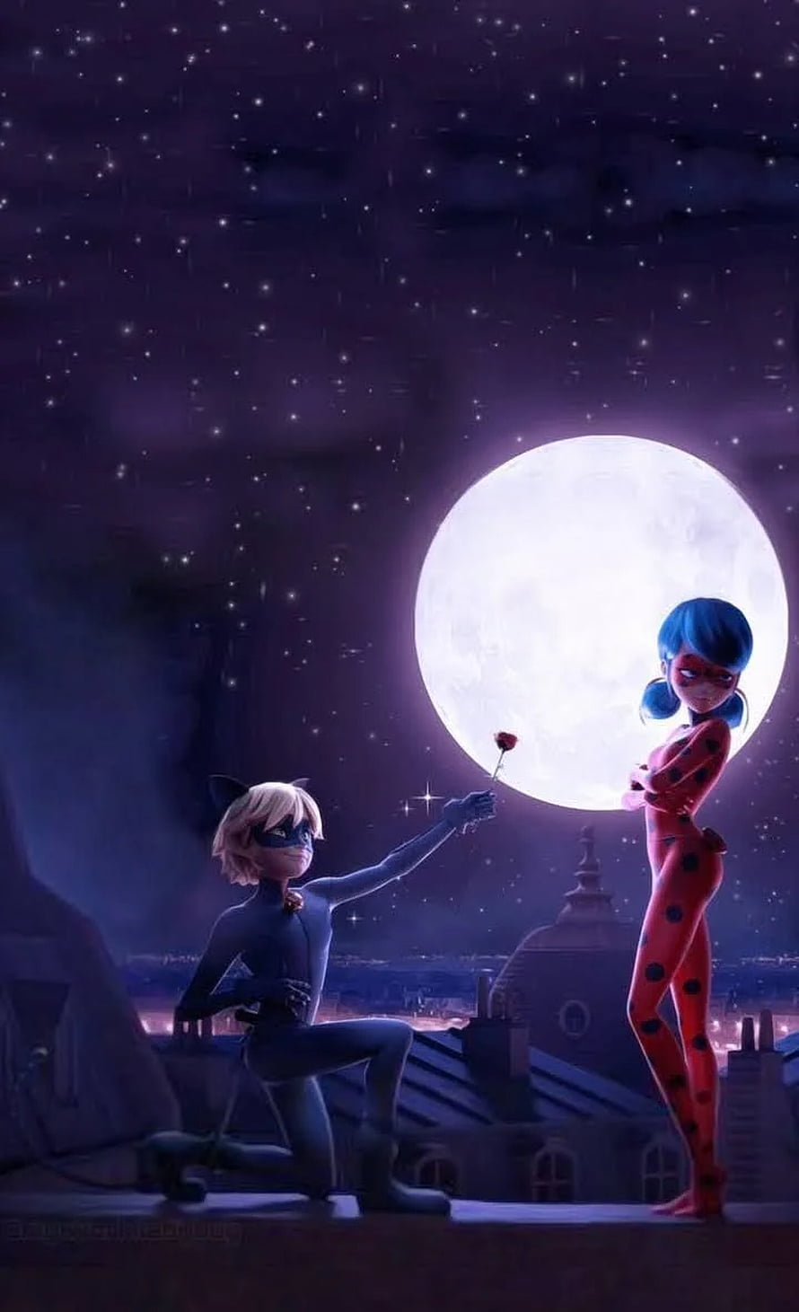 Miraculous Ladybug and Cat Noir Kneeling Under a Full Moon on a Paris Rooftop HD phone wallpaper