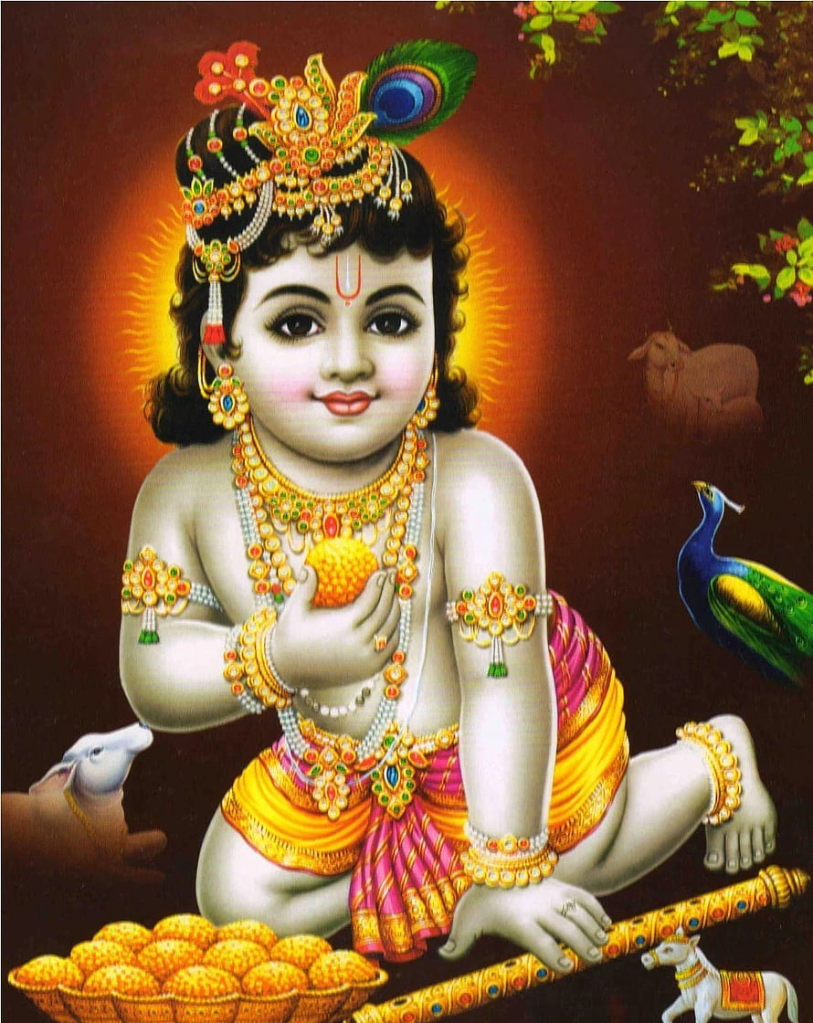 Baby Krishna with Butter and Peacock Feather in Traditional Indian Art HD phone wallpaper