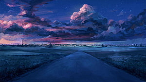Painted Night Road Leading to Distant City Under Dramatic Pink Clouds HD wallpaper