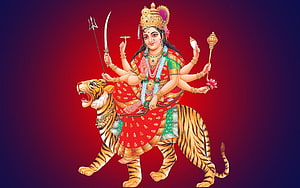 Goddess Durga Riding Tiger With Multiple Arms Holding Weapons And Lotus HD wallpaper