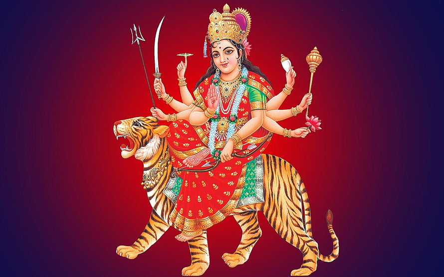 Goddess Durga Riding Tiger With Multiple Arms Holding Weapons And Lotus HD wallpaper
