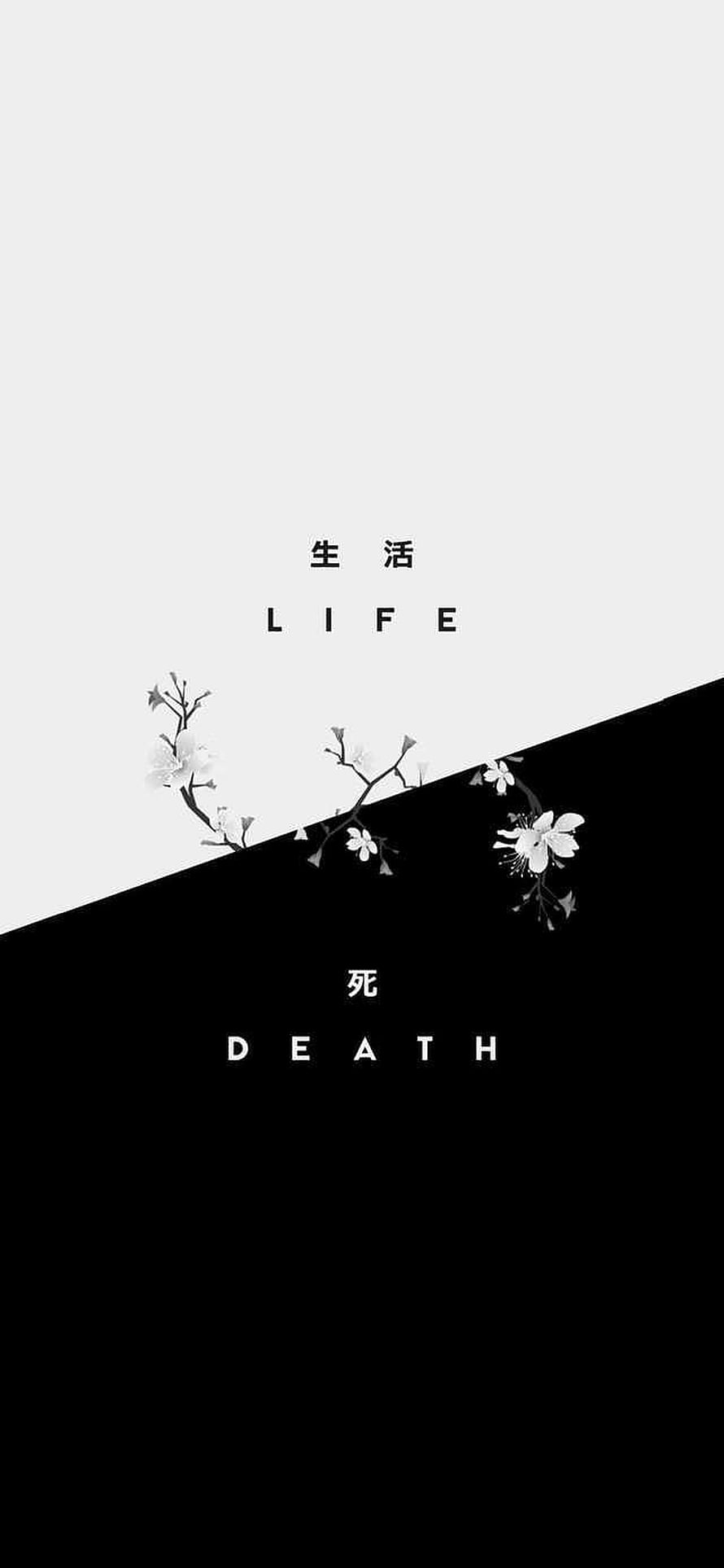 Minimalist Japanese Cherry Blossom Design with Life and Death Text on Black and White Background HD phone wallpaper