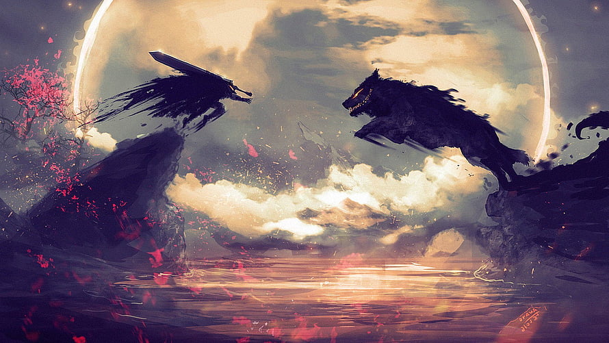 Samurai vs Giant Wolf Fantasy Battle Artwork HD wallpaper