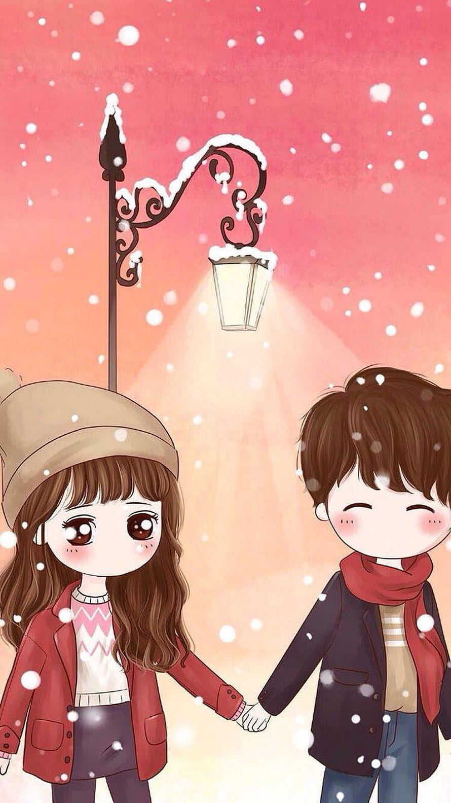 Cute cartoon couple holding hands in the snow under a glowing street lamp with a warm pink winter background HD phone wallpaper