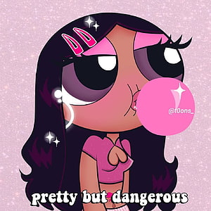 Cartoon Girl Blowing Pink Bubblegum With Dark Hair And Sparkles HD phone wallpaper